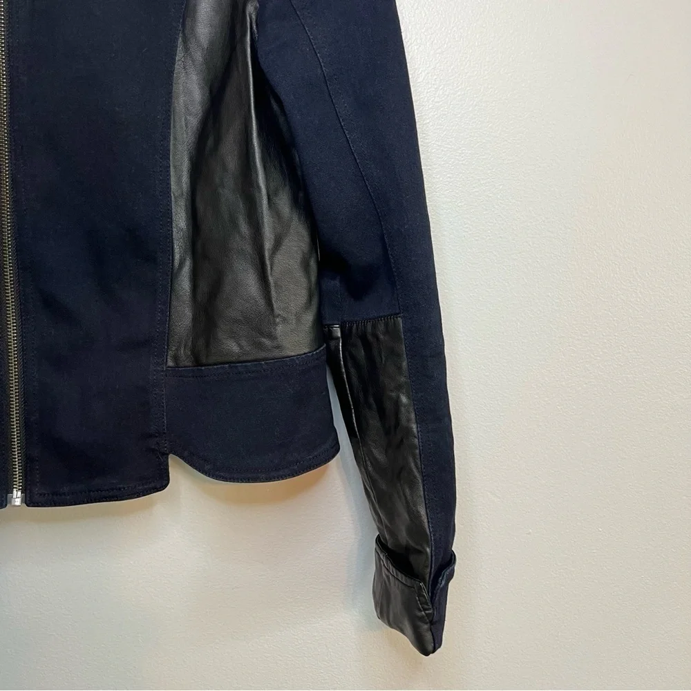 Kiind of Thalia faux leather two toned jacket Sz L Navy Black Cotton Chic City - Picture 8 of 14